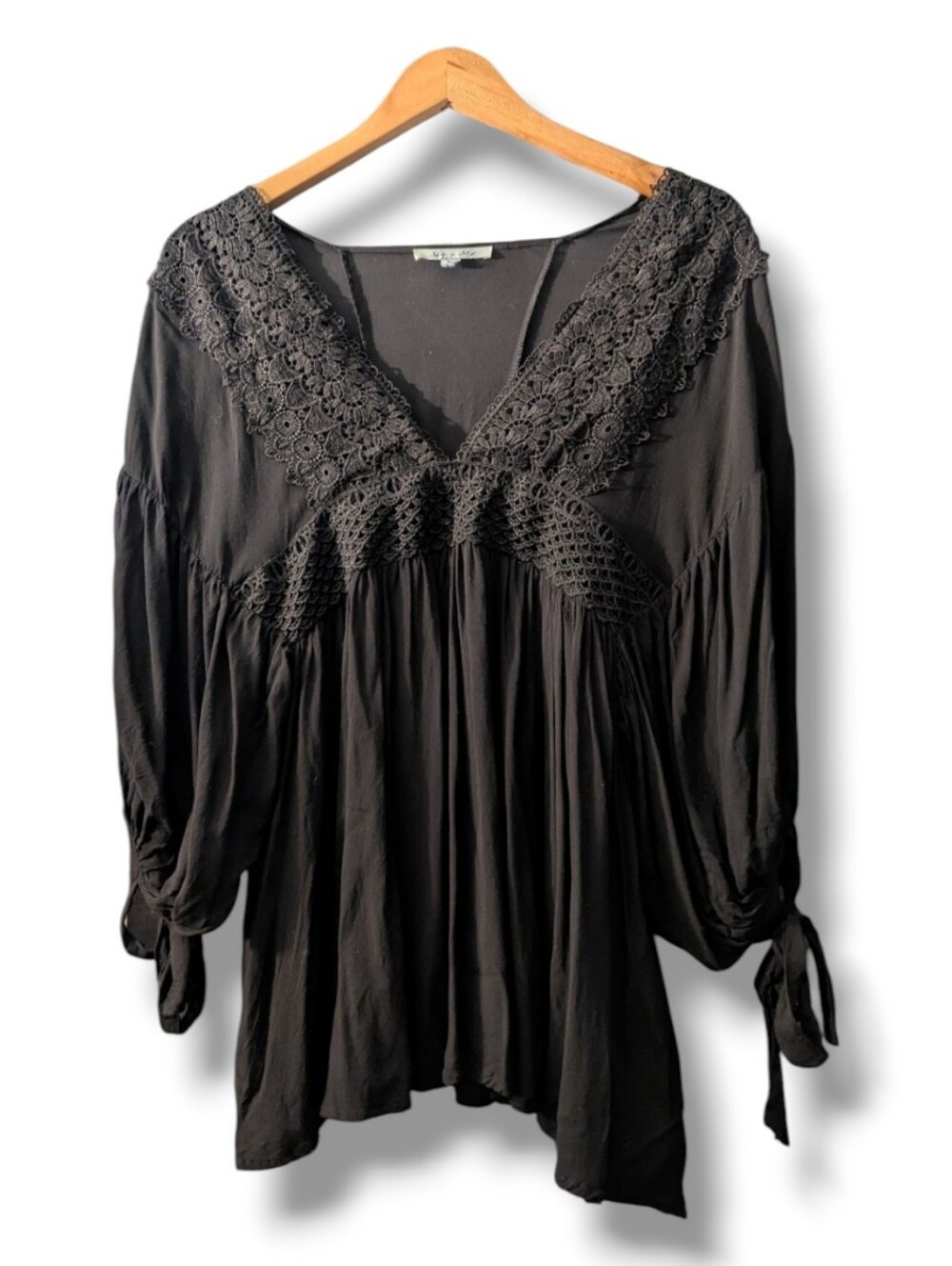 She + Sky Flowy Deep V-Neck Peasant Blouse w/ Tie Cuff Sleeves Sz Lg